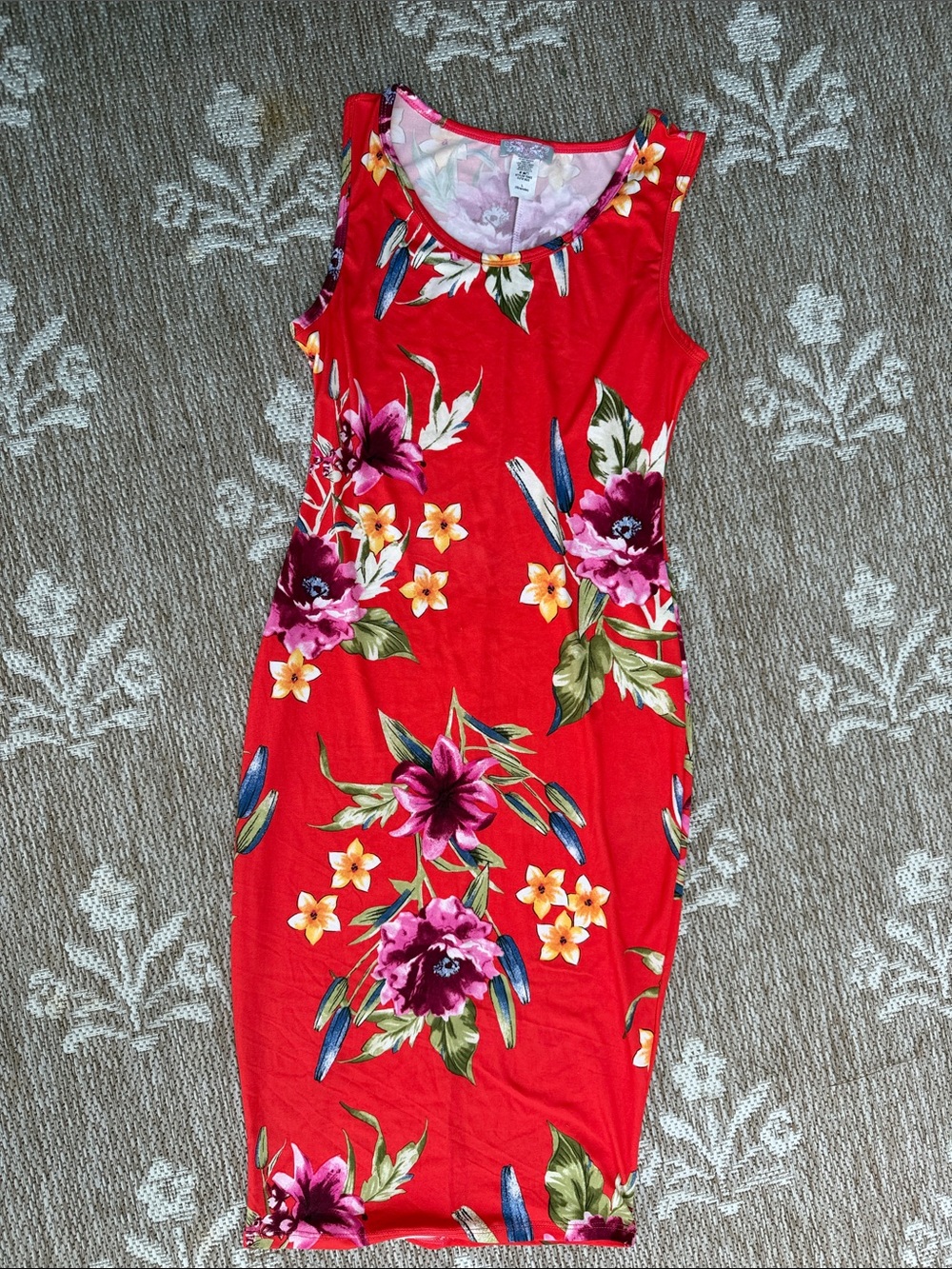 Pretty Little Things Red Sleeveless Floral Midi Dress with Pink & Yellow Blooms - Picture 1 of 2